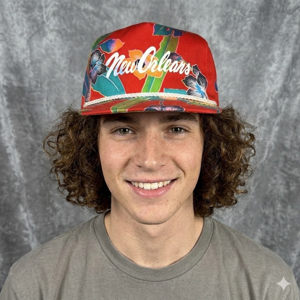 Vtg 80s San Sun New Orleans Tropical Floral Trucker SnapBack Hat Rope Cap NWT